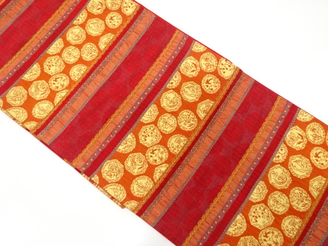 横段に花鳥模様織り出し　袋帯